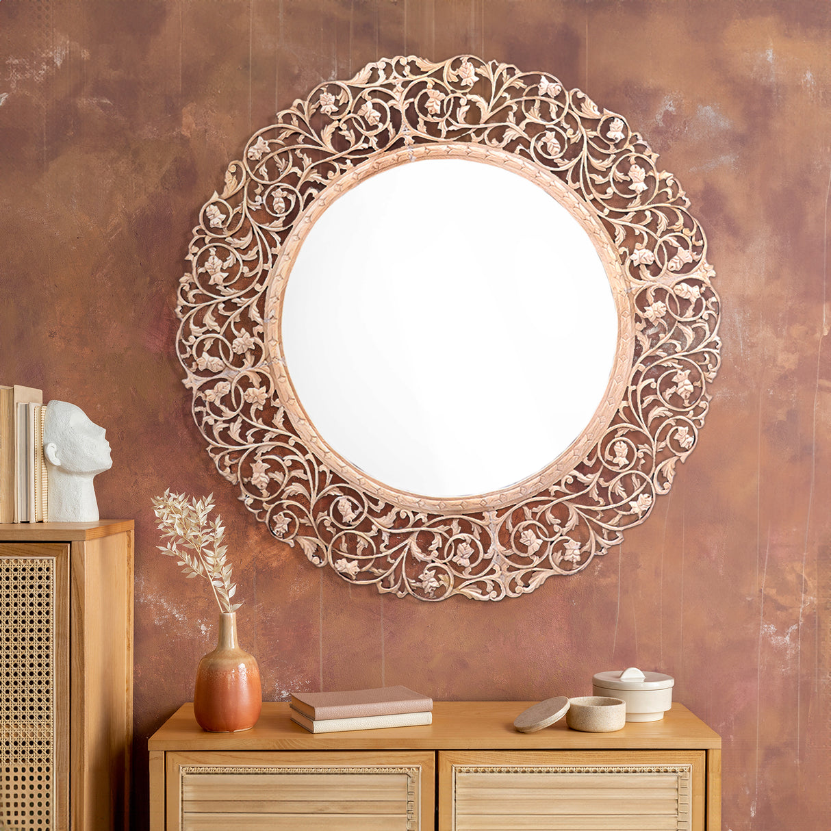 Noor Carved Wood Round Mirror